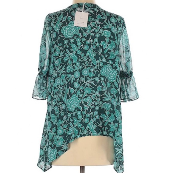LC LAUREN CONRAD Top Blouse Pintuck Shark-Bite Patterned Teal Floral Size M L - Picture 5 of 14